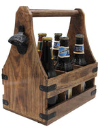 Handcrafted Wooden Bottle Caddy, 6-Pack Beer Carrier with Metal Bottle Opener - DharmaObjects