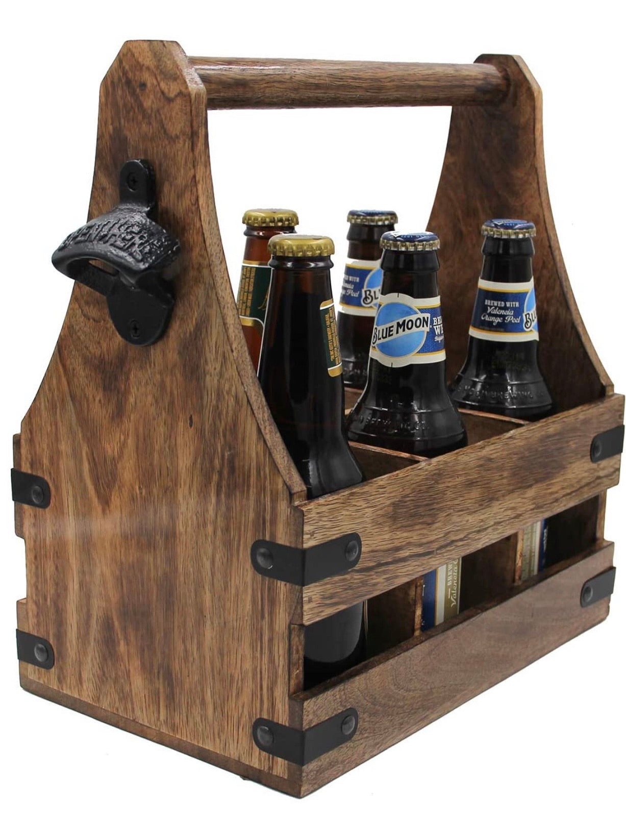 Handcrafted Wooden Bottle Caddy, 6-Pack Beer Carrier with Metal Bottle Opener - DharmaObjects