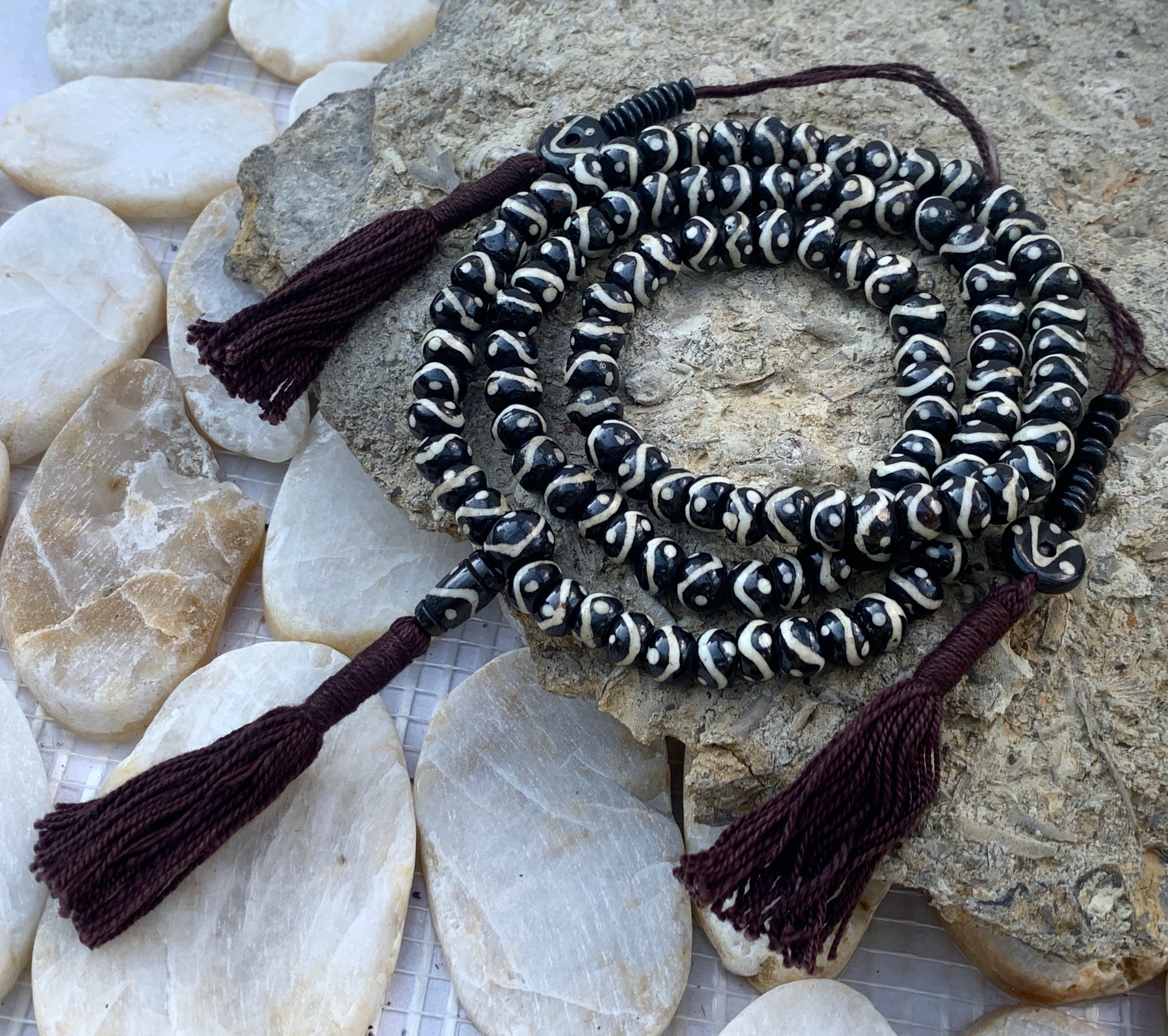 Natural Buffalo Bone Yin Yang DZI 108 Beads Prayer Mala - DharmaObjects