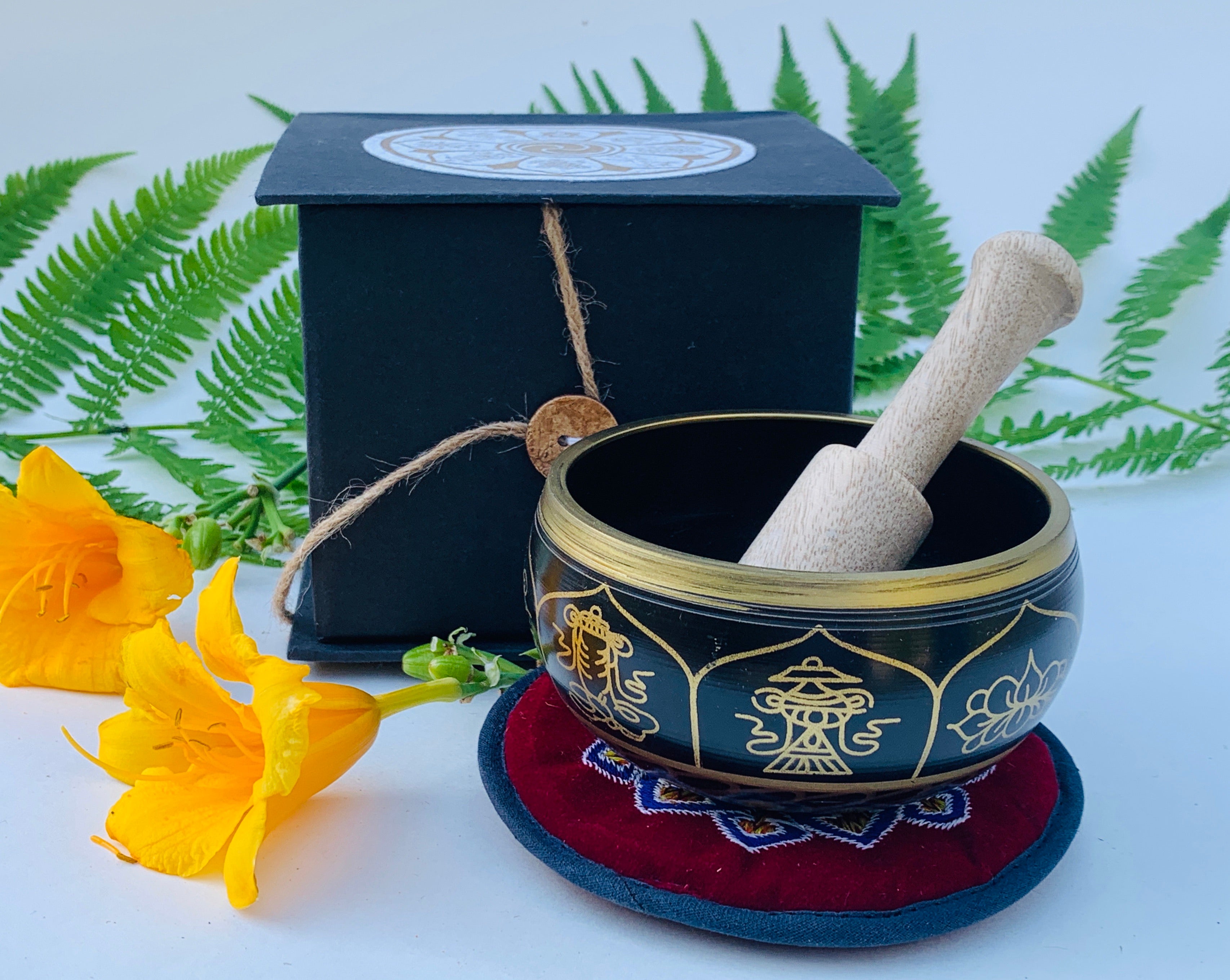 Tibetan 8 Lucky Symbols Singing Bowl Complete Set ~ With Mallet, Mat Cushion & Gift Box ~ For Meditation, Chakra Healing, Prayer, Yoga - DharmaObjects