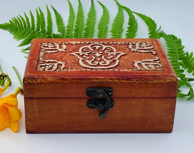 Fatima Hand Carved Jewelry Trinket Keepsake Wooden Storage Box