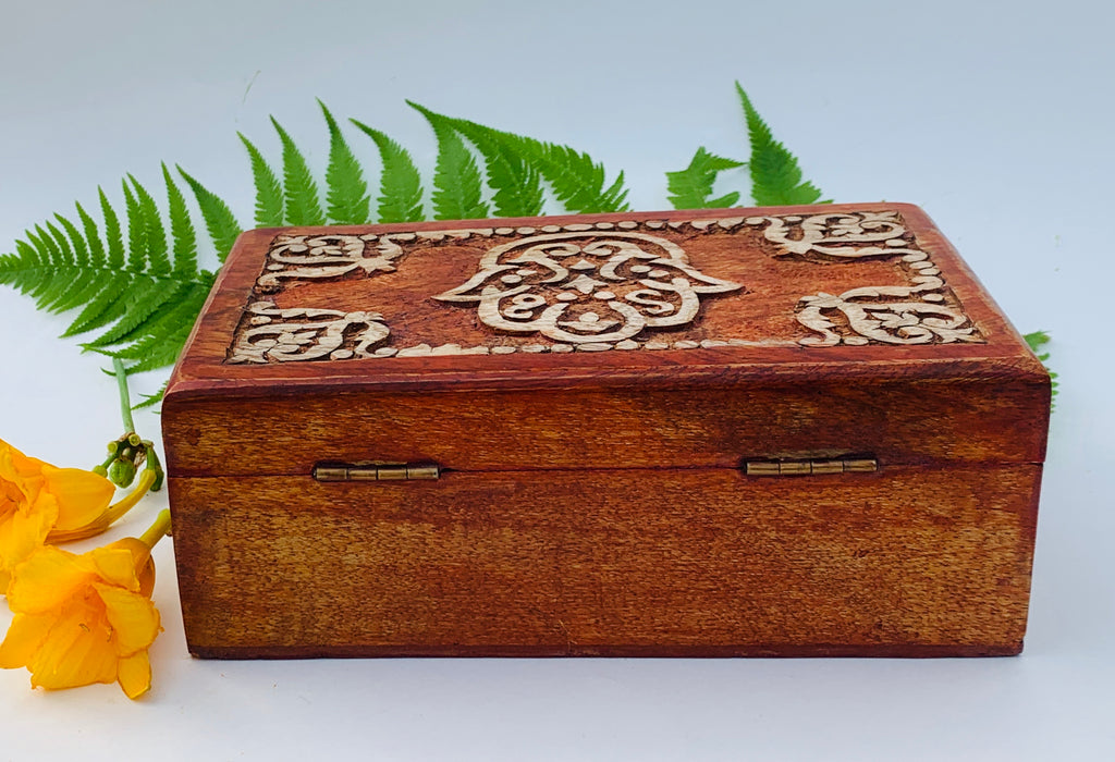 Fatima Hand Carved Jewelry Trinket Keepsake Wooden Storage Box - DharmaObjects