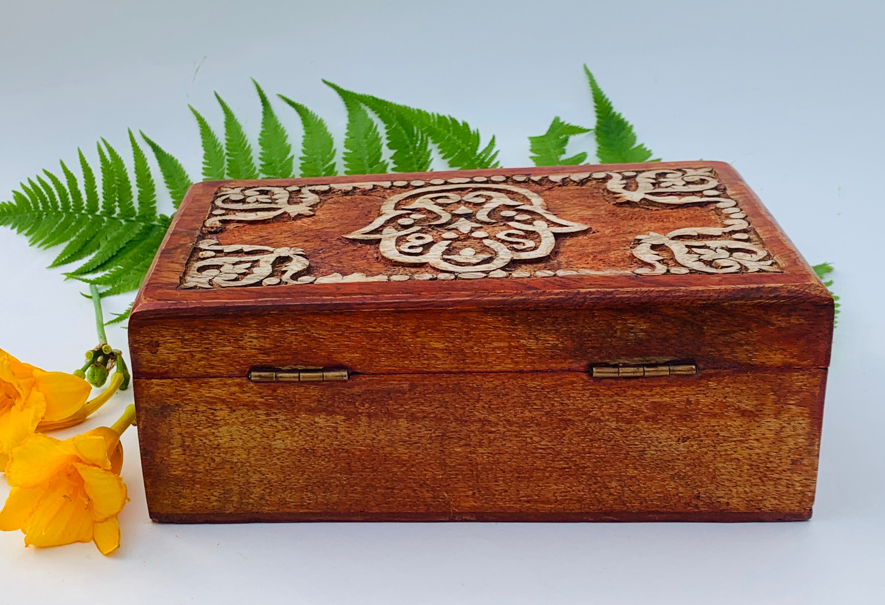 Fatima Hand Carved Jewelry Trinket Keepsake Wooden Storage Box - DharmaObjects