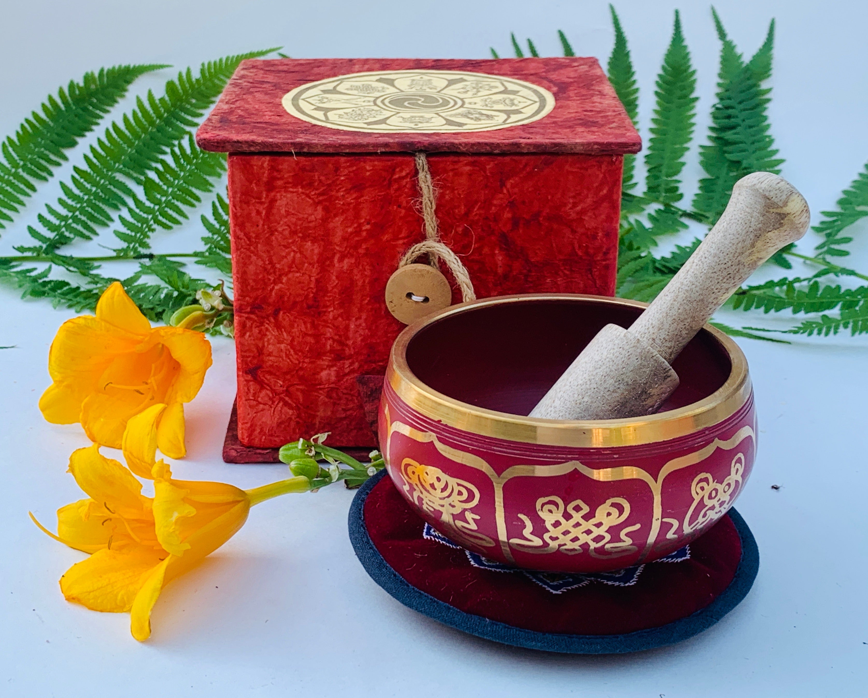 Tibetan 8 Lucky Symbols Singing Bowl Complete Set ~ With Mallet, Mat Cushion & Gift Box ~ For Meditation, Chakra Healing, Prayer, Yoga - DharmaObjects