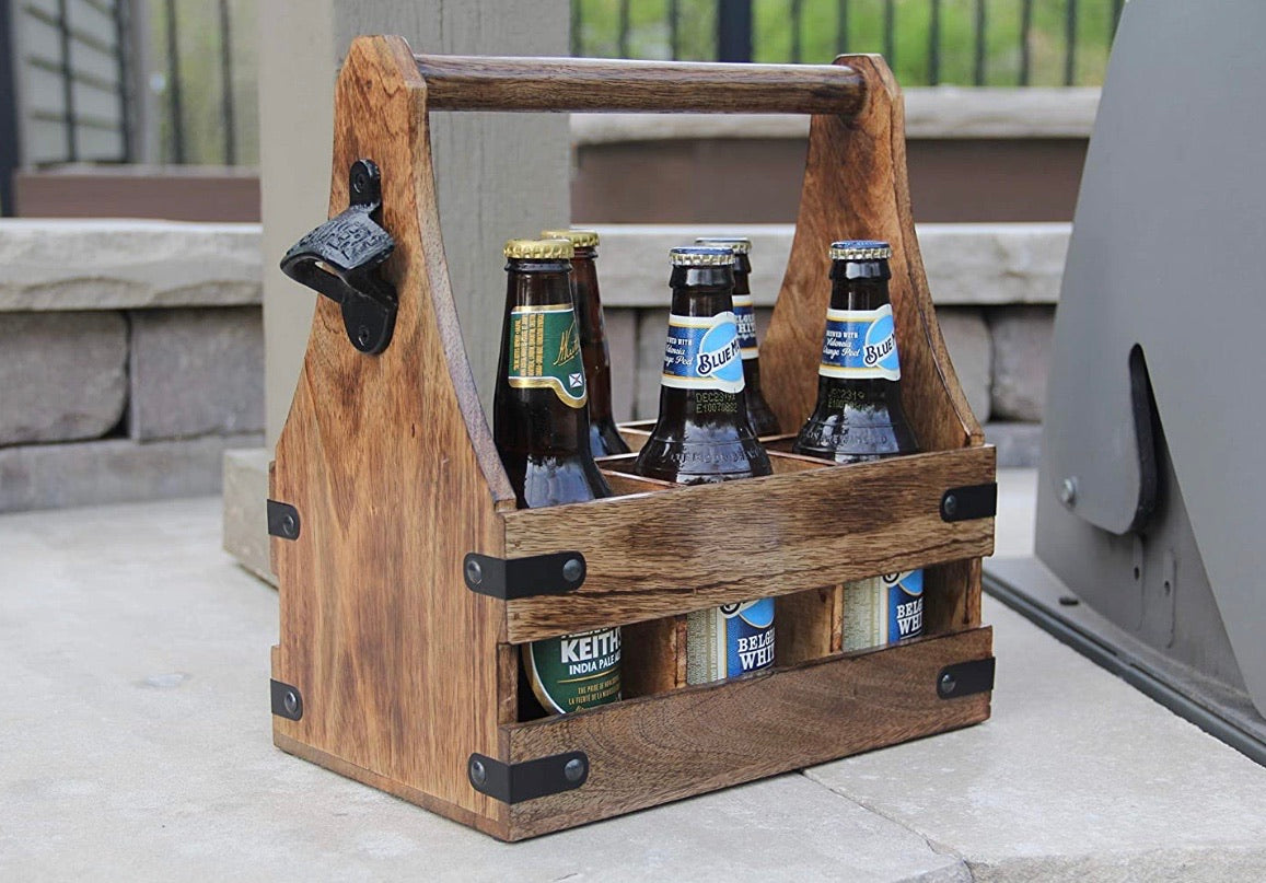 Handcrafted Wooden Bottle Caddy, 6-Pack Beer Carrier with Metal Bottle Opener - DharmaObjects