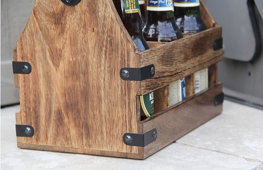 Handcrafted Wooden Bottle Caddy, 6-Pack Beer Carrier with Metal Bottle Opener - DharmaObjects