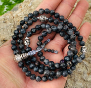 Tibetan Meditation Yoga Genuine Gemstone Mala / Rosary 108 Beads 6mm / Tibetan Silver Spacers / Free Pouch