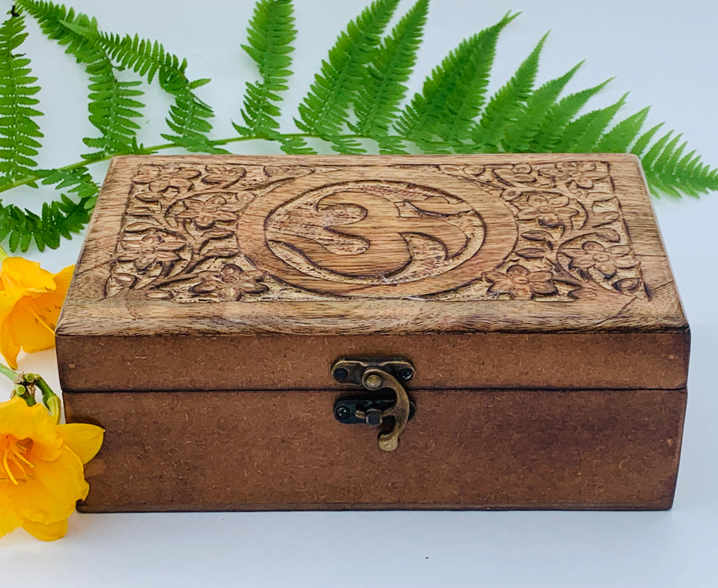 OM Hand Carved Jewelry Trinket Keepsake Wooden Storage Box With Lock - DharmaObjects