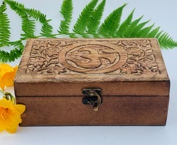 OM Hand Carved Jewelry Trinket Keepsake Wooden Storage Box With Lock