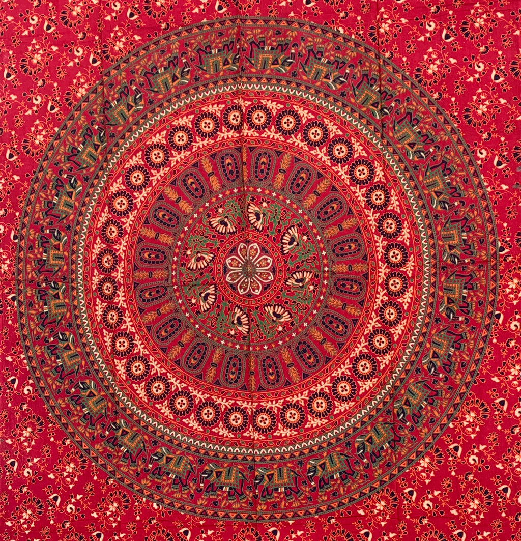 Elephants Mandala Tapestry Wall Decor Hanging 80”X50” Red - DharmaObjects