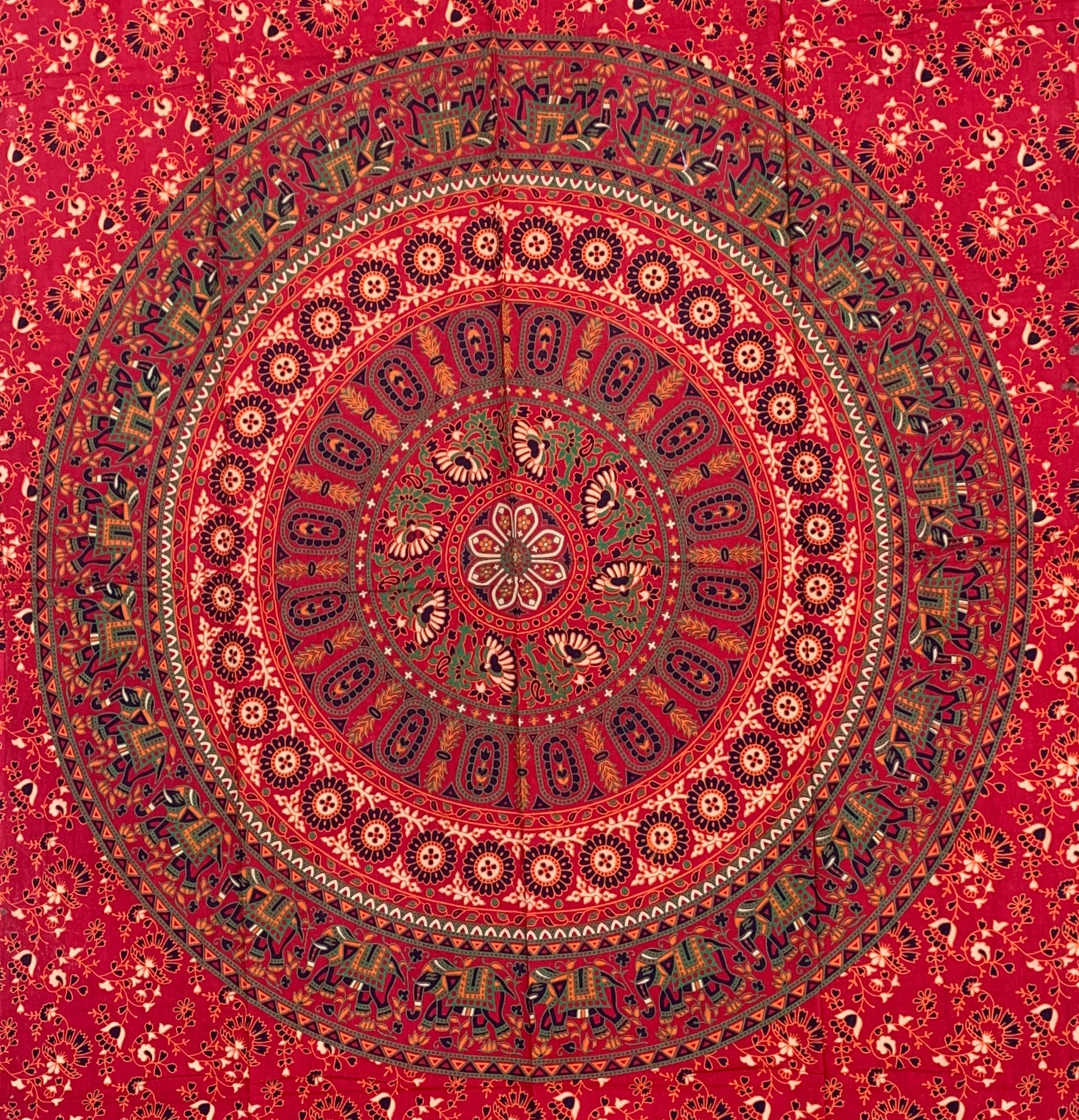 Elephants Mandala Tapestry Wall Decor Hanging 80”X50” Red - DharmaObjects