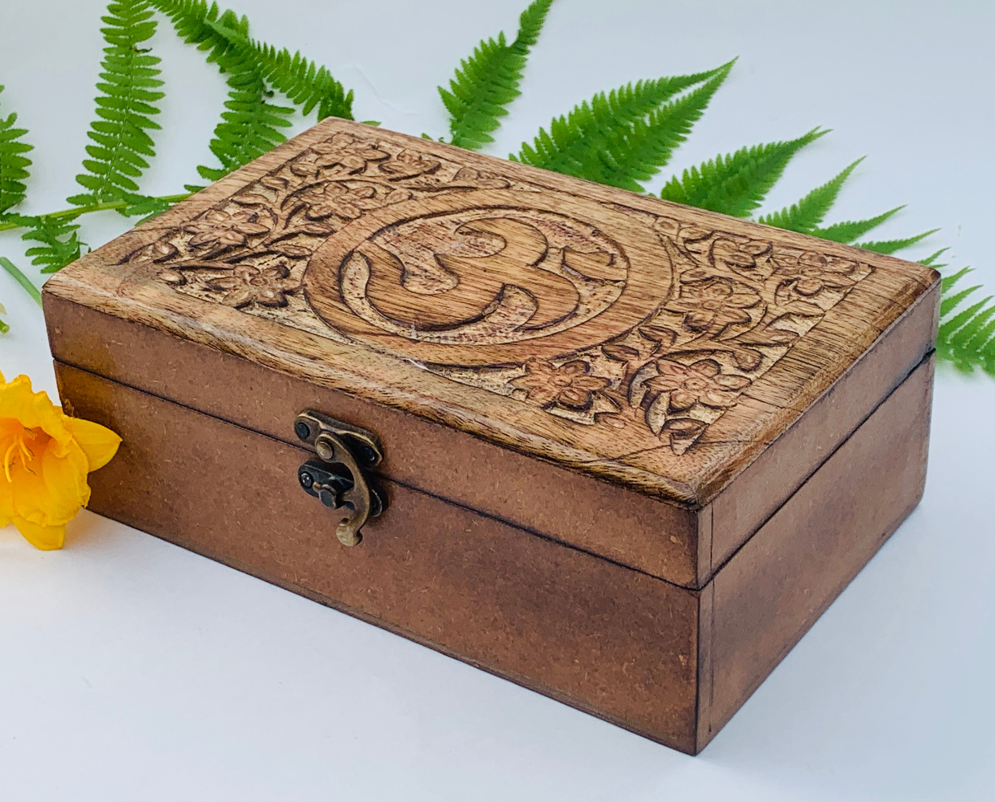 OM Hand Carved Jewelry Trinket Keepsake Wooden Storage Box With Lock - DharmaObjects