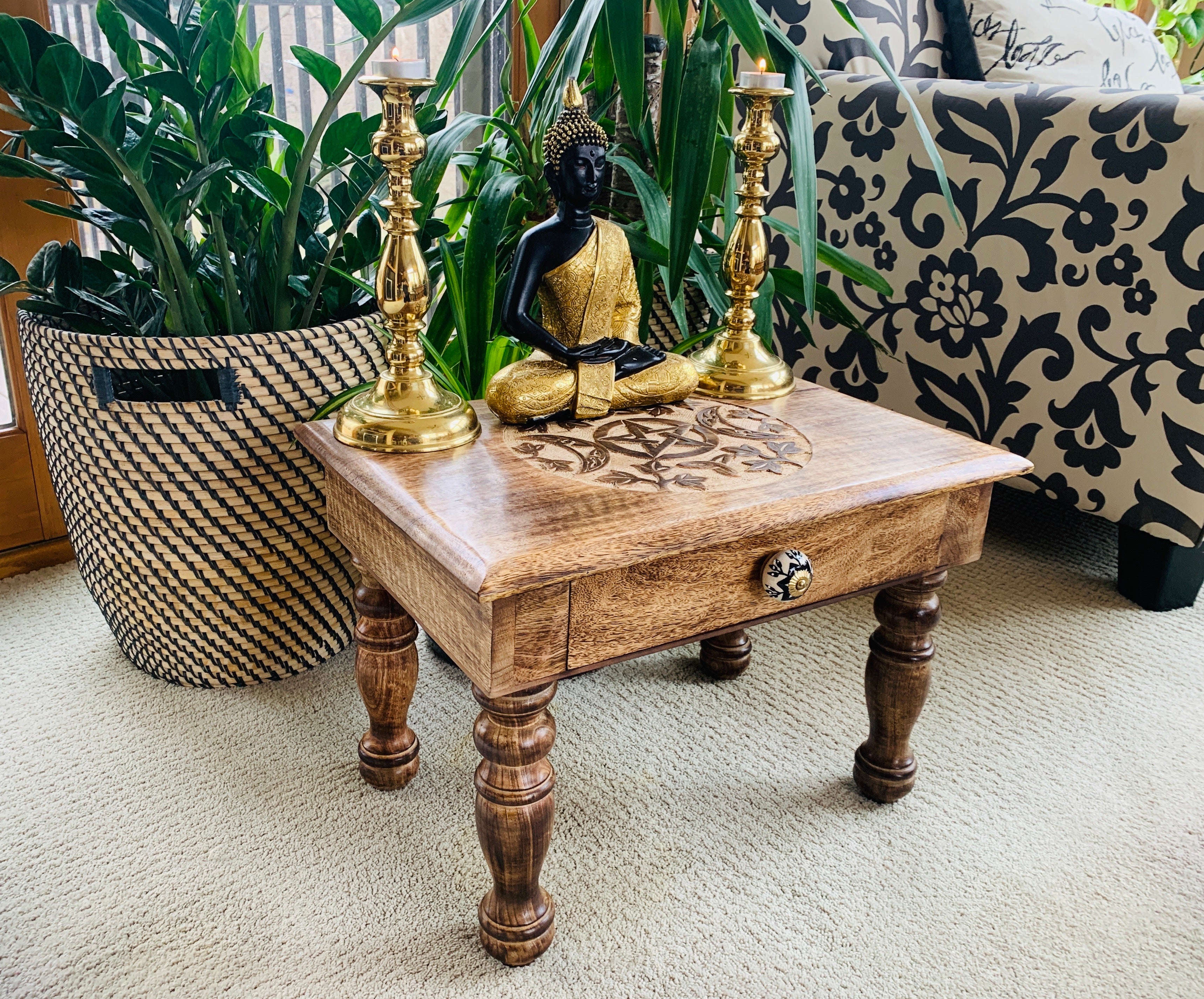 Large Solid Mango Wood Hand Carved Prayer Puja Shrine Altar Meditation Table - DharmaObjects