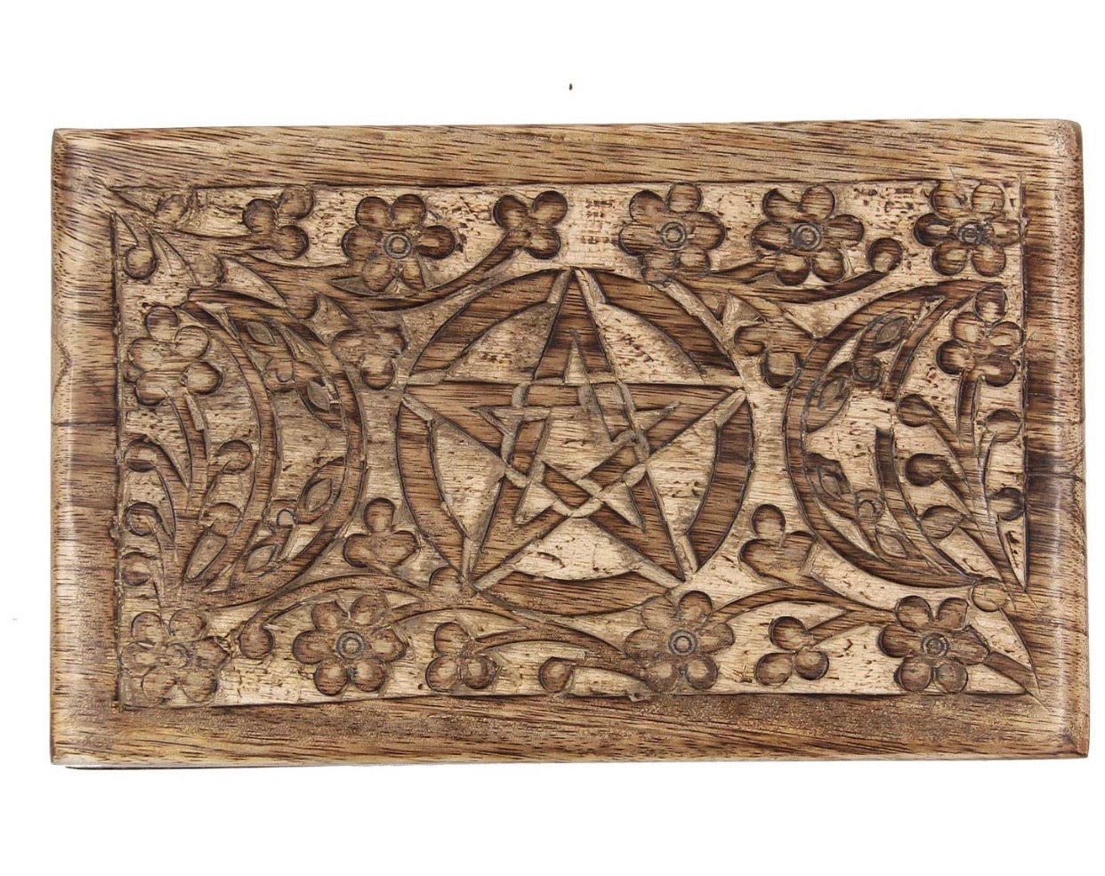 Hand Carved Jewelry Trinket Keepsake Wooden Storage Box Triple Moon