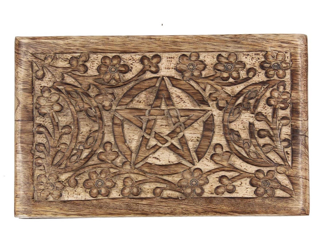 Hand Carved Jewelry Trinket Keepsake Wooden Storage Box Triple Moon - DharmaObjects