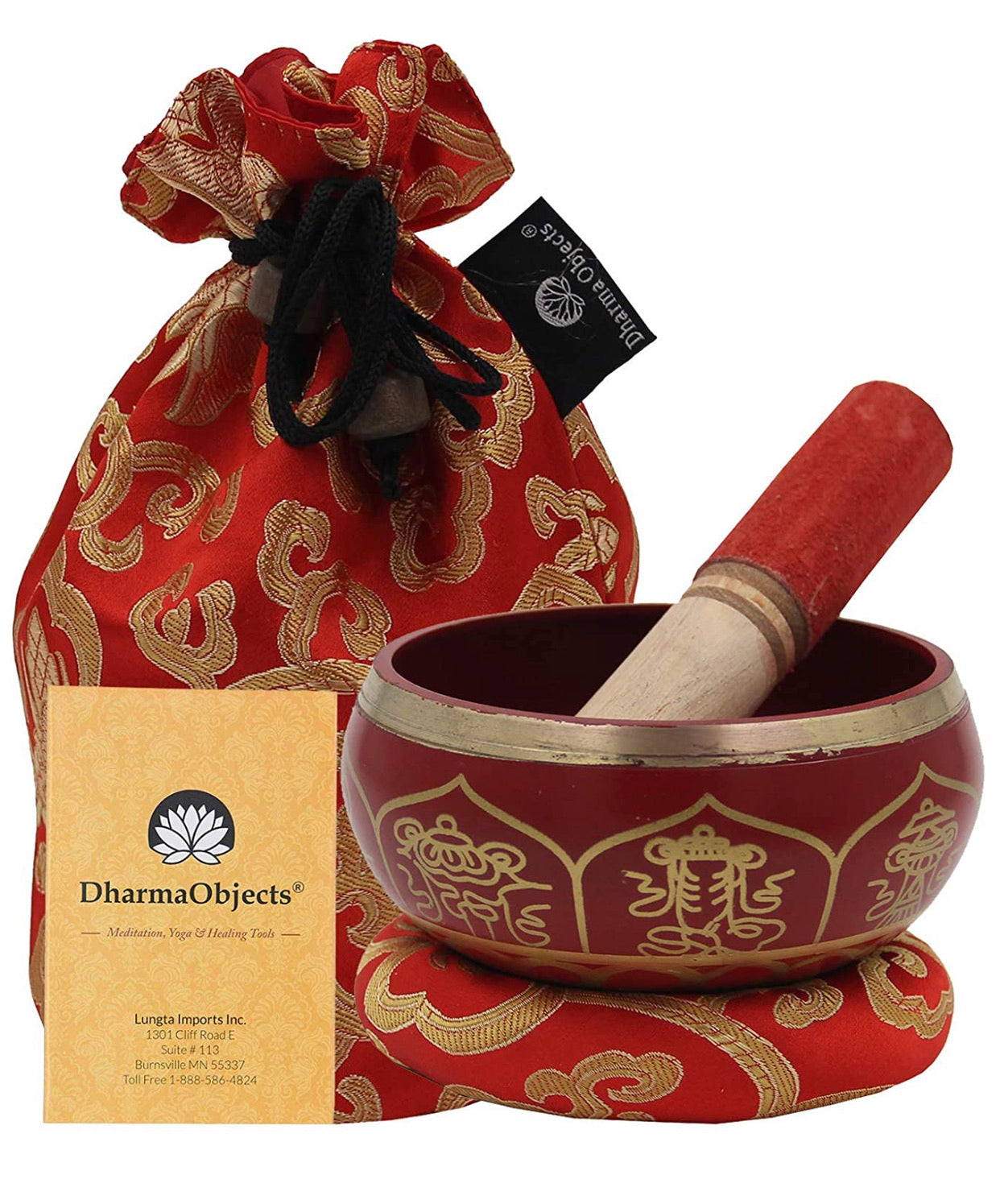 Medium ~ Tibetan 8 Lucky Symols Singing Bowl Set ~ With Mallet, Brocade Cushion & Carry Bag ~ For Meditation, Chakra Healing, Prayer, Yoga - DharmaObjects