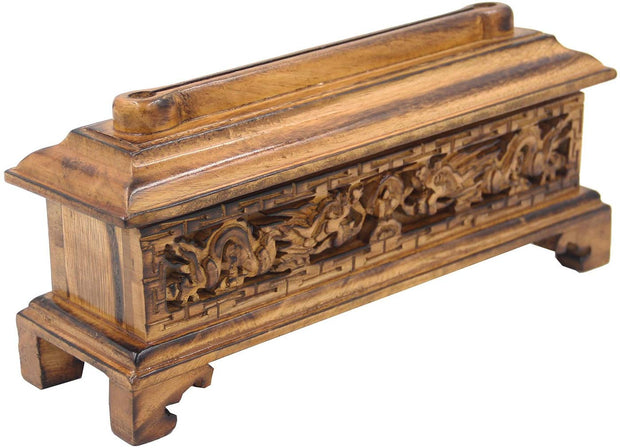 Hand Crafted Tibetan Buddhist Temple Solid Wooden Premium Incense Burner with Storage (Large) - DharmaObjects
